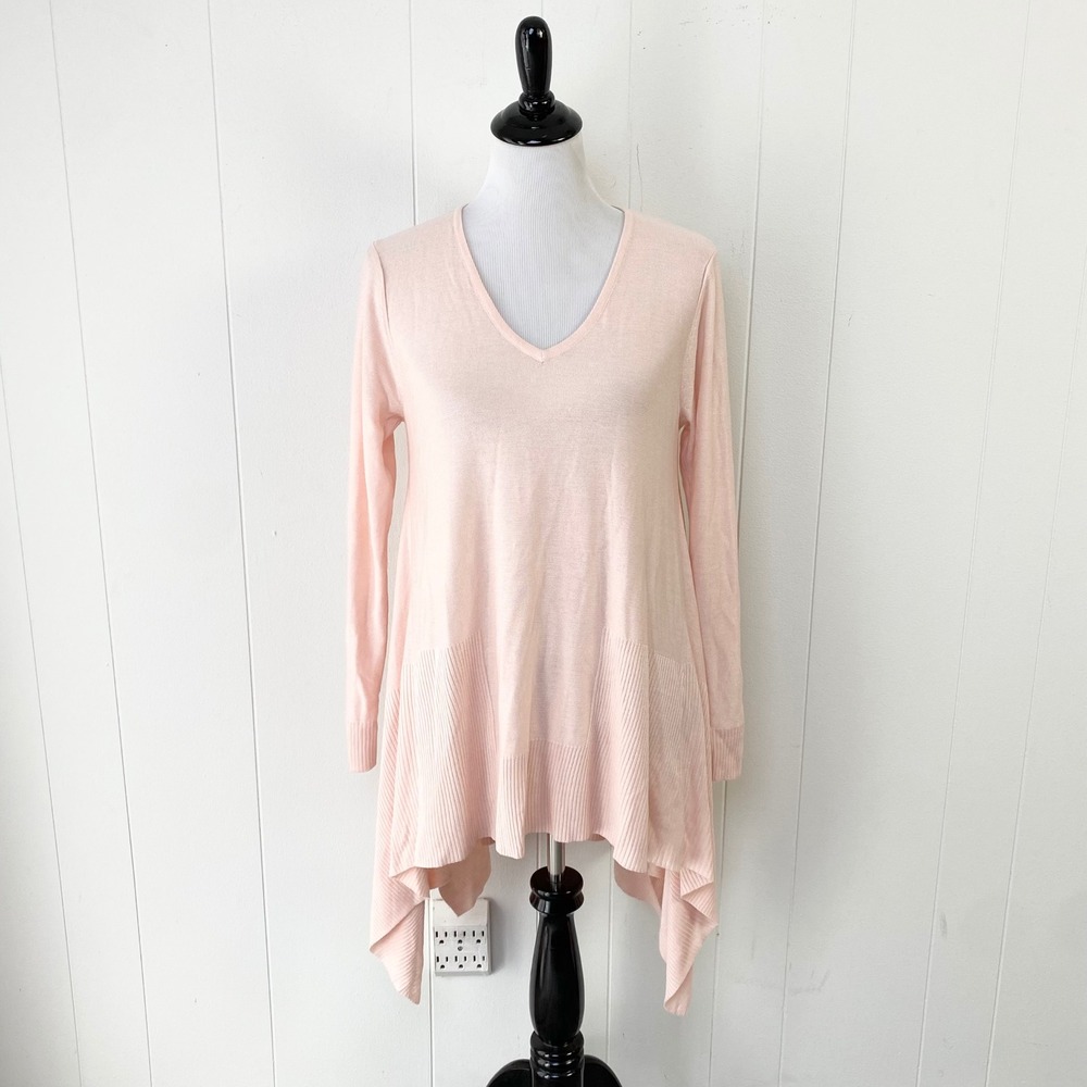 Cupio Pink V-Neck Long Sleeve Handkerchief Hem Tunic Sweater Large